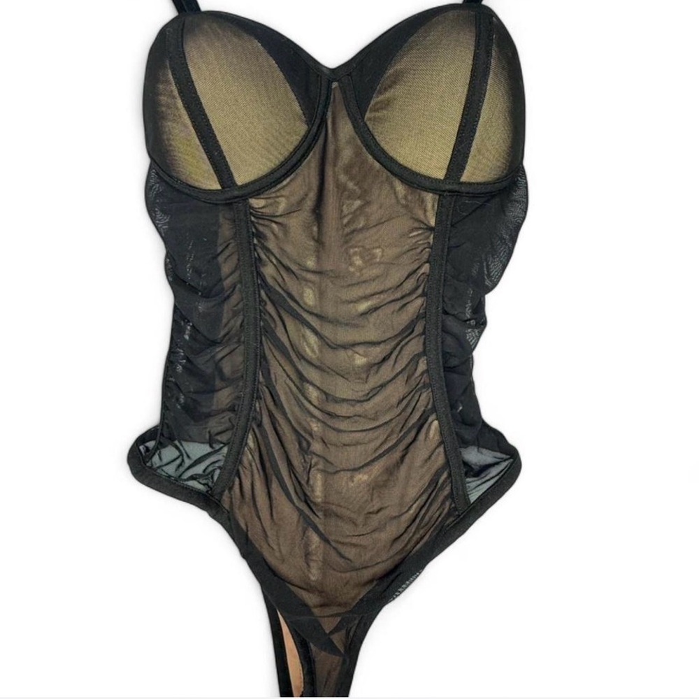 Entry Black Sheer Ruched Bodysuit Thong